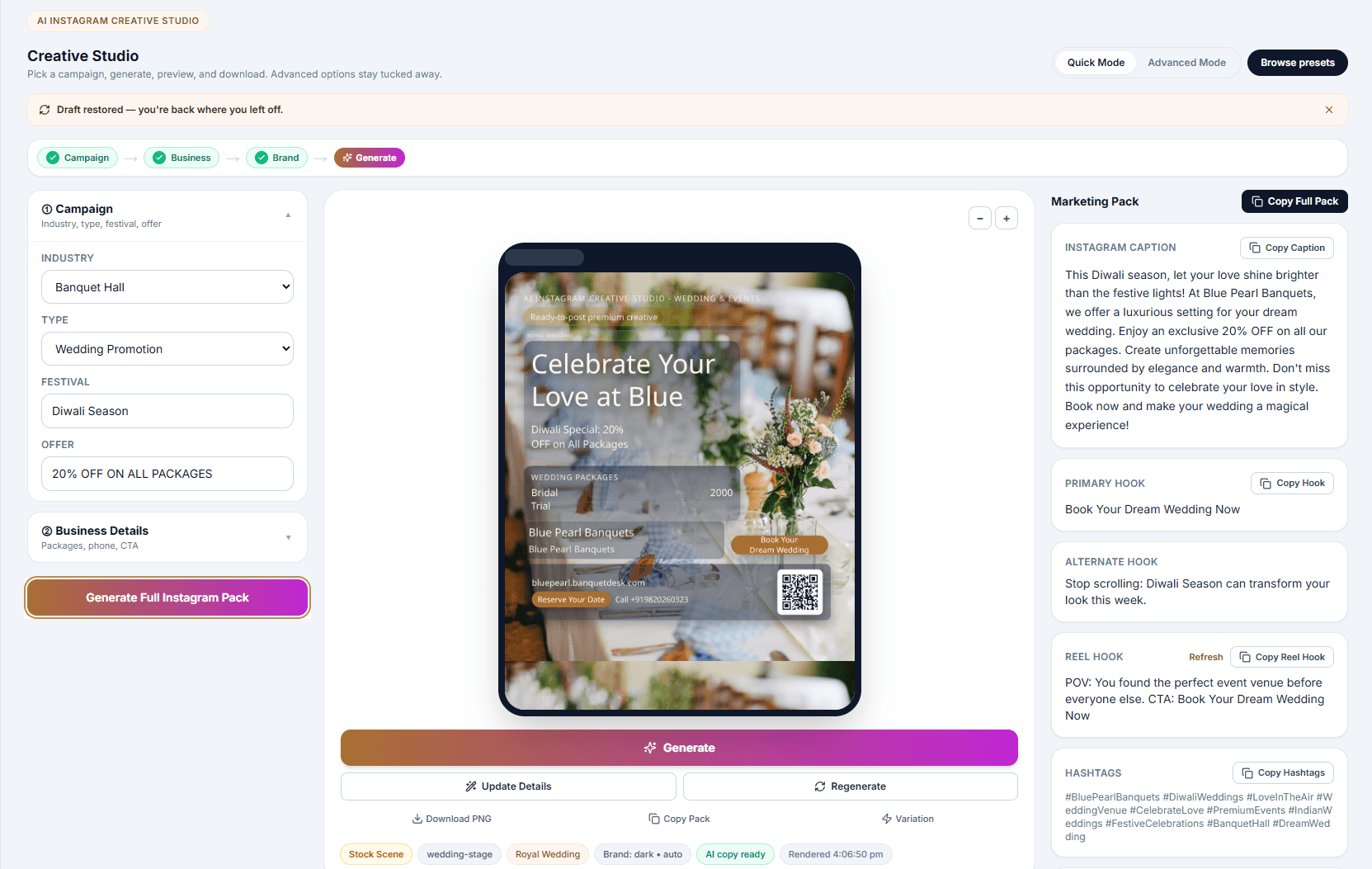 Marketing starts here — generate posts, captions & offers with AI